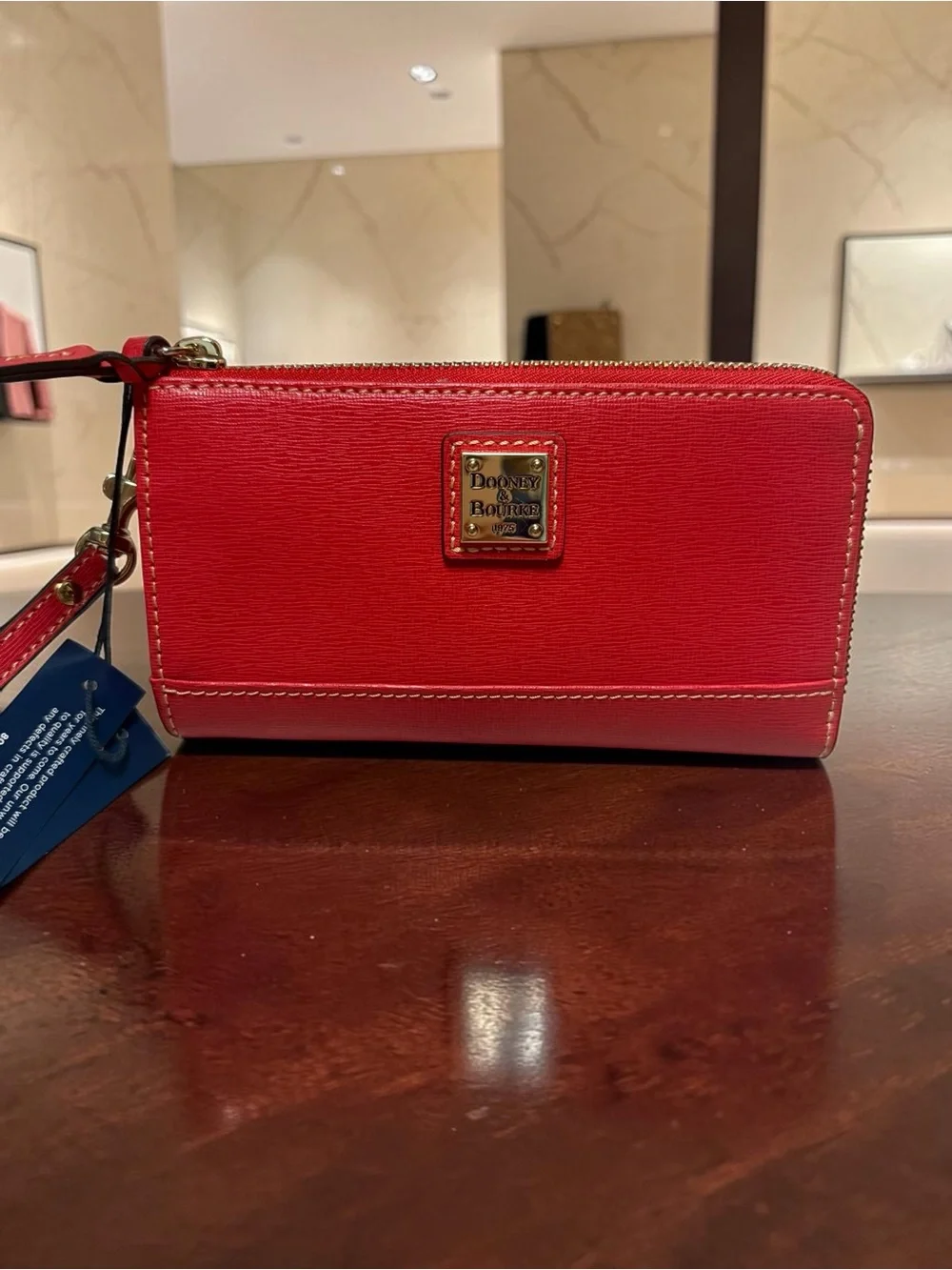 NWT Dooney & Bourke Red Saffiano Zip Leather Wristlet with Gold Logo